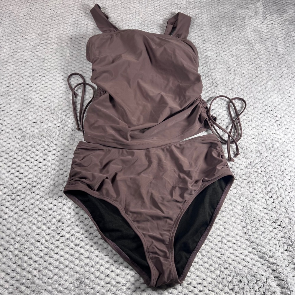 Women's High Waisted Ruched Bikini Set Brown Adjustable Side Ties Swimsuit Small - Picture 2 of 9